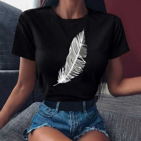 Maycaur Women Lady Cartoon Feather Cute T Shirts Fashion 90s Trend Tshirt Shirt Clothes Top Womens Graphic T-shirt Tops D260528