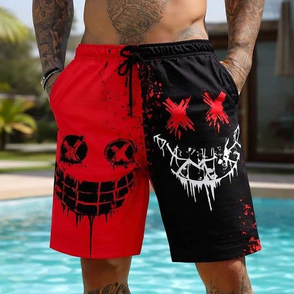 Mens Cartoon Smile Face Shorts Mid Waist Vintage Drawstring Waist Side Pockets Daily Wear for Spring Summer C260528