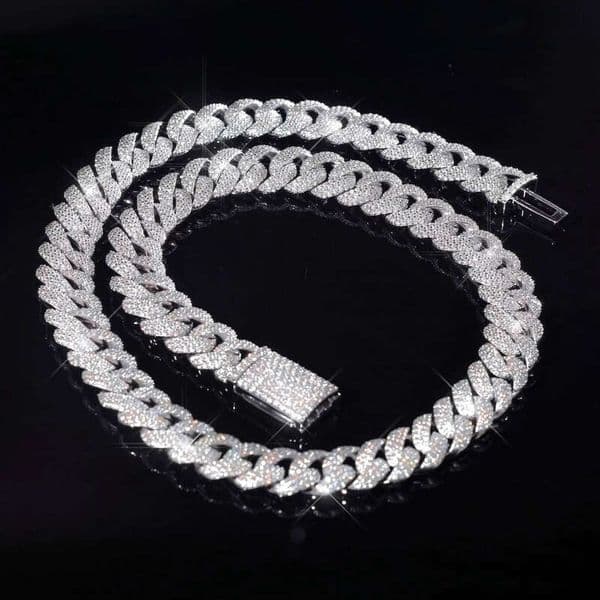 12mm Vvs Iced Out Inlaid Miami Sterling Sier Silicon Stone Cuban Chain