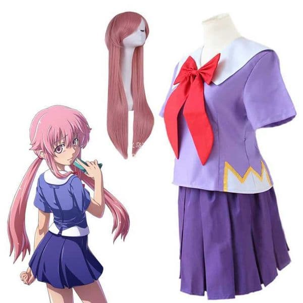 Mirai Nikki Gasai Yuno Cosplay Come dent JK Skirt Halloween Anime Cosplay Pink Long Wig Clothing Including Bow Tie L260528