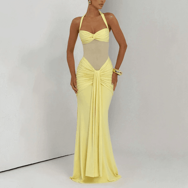 2026 New Halter Tie Mesh Patchwork Ribbon Long Gown Dress European and American Style Dress
