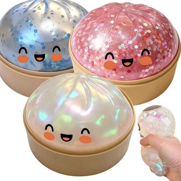 Premium Squishy Steamed Bun Dumpling Toy Slow Rising Glitter Stress Ball Stretchy Decompression Fidget Toy Desk Travel Gift M260528
