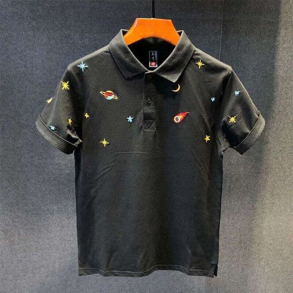 2026 Simple Summer New Style Men's Short Sleeve Slim Fit Embroidered Korean Version Trendy Brand Slimming Turn-Down Collar Top
