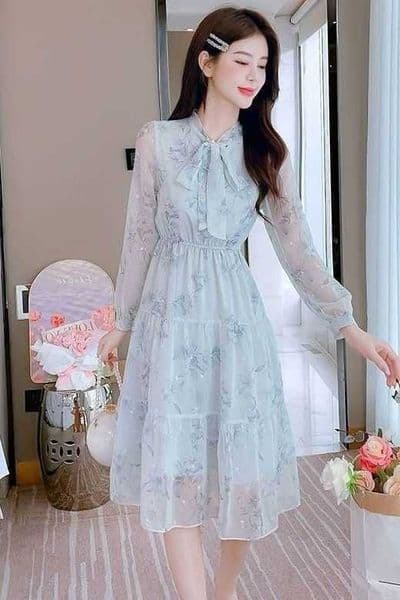 French Chiffon Floral Long-sleeved Dress with Waist-hugging Temperament Sweet and Slim Goddess Skirt M260528