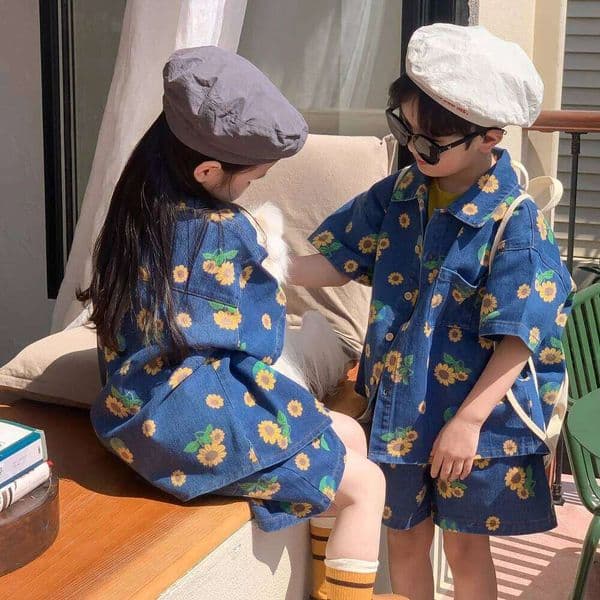 1-7 Years Girls Boys Casual Summer Print Flower Jeans Suit Baby Kids Children Soft Denim Clothing Set Blouse+ Shorts 2pcs J260528