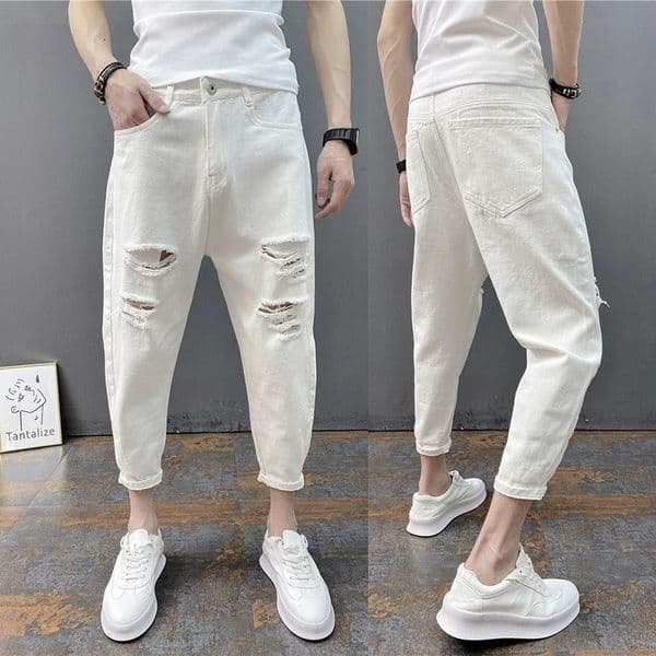 Korean AnkleLength Distressed Jeans Men White Breathable Slim Fit Ripped Denim Pants Four Season Narrow Leg Harem Male Trousers 260528