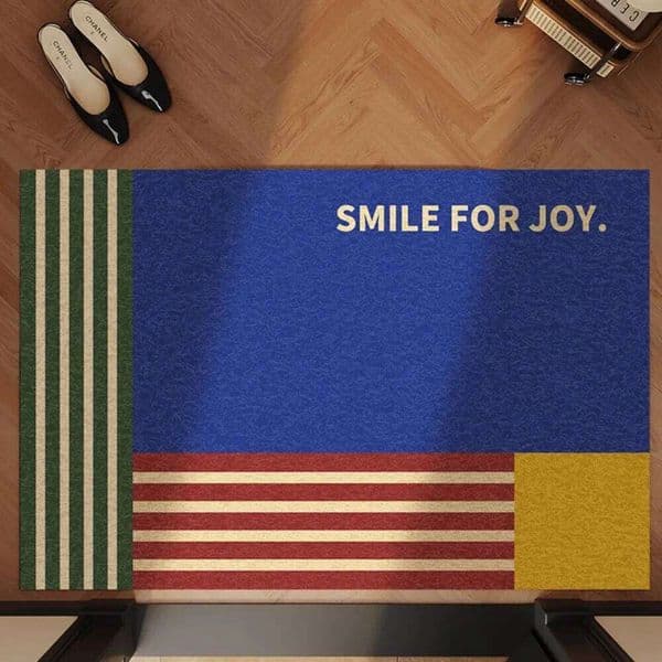Modern Geometric Stripe Carpet Color Block Design Rug with "SMILE FOR JOY" Quote Mat for Entryway Home Decoration Indoor Floor 26L0528