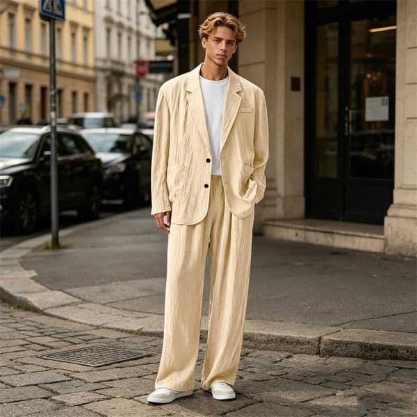 Mens Linen Blend Wrinkled Two Piece Suit Loose Two Button Blazer Wide Leg Trousers Casual Vacation Daily Soft Breathable Outfit Q260528