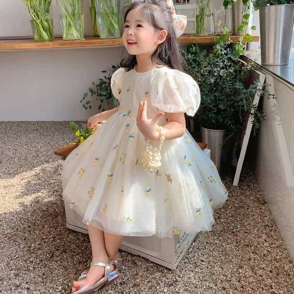 Summer Girls Flower Mesh Princess Dress Kids Cute Puff Short Sleeve Dresses for Girls Korean Clothing Children Dress For 1-6TT260528