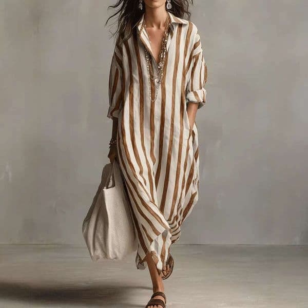 Fashion Loose V-Neck Long Striped Summer Nine-Quarter Sleeve Women's Shirt Dress