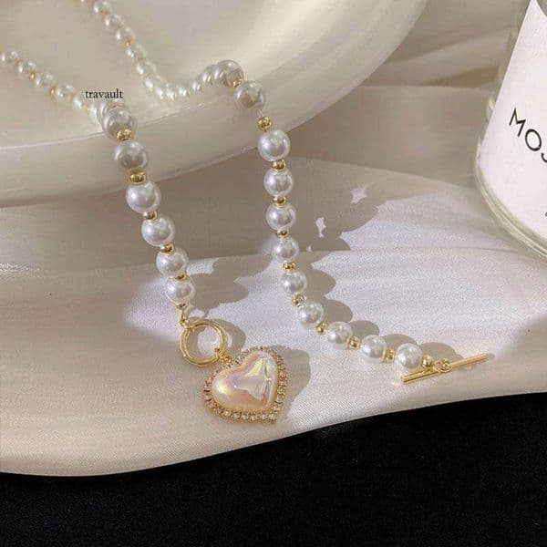Korean and Japanese INS New Super Fairy Temperament Imitation Pearl Heart Necklace Cold Style Sweet Simple OT Buckle Collarbone Chain for Women