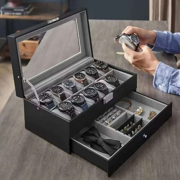 Designer 12-Slot Lockable Storage Box,Jewelry Drawers, 2-Tier Watch And Glasses Display Box With Glass Lid art Free Shipping 6 021
