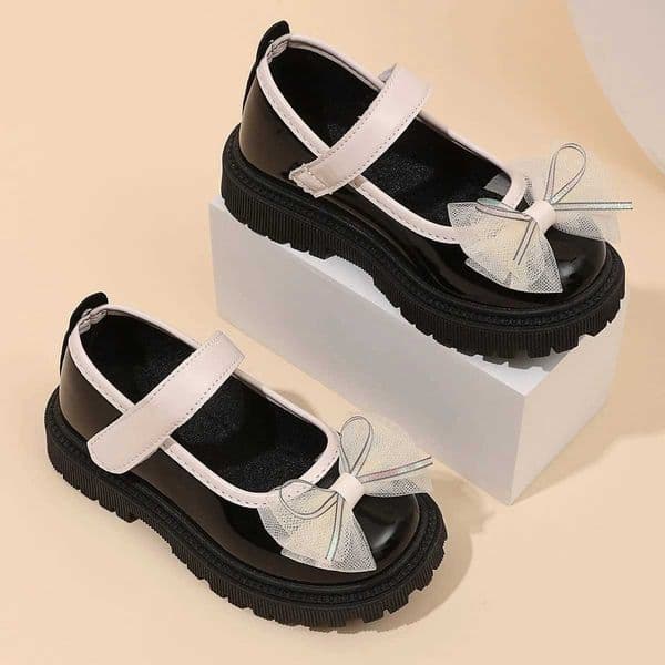 Children Leather Shoes Mesh Bows Soft Bottom Kids Flat Shoes Hookloop 2025 Spring Autumn New Cute Girls Princess Shoes ElegantT260528