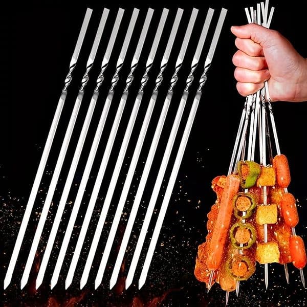 10PCS Kabob Skewers Flat Metal Stainless Steel BBQ Barbecue Skewer 12 Anti-Roll Heavy Duty Shish Kebob Sticks Wide Reusable Gri 260527