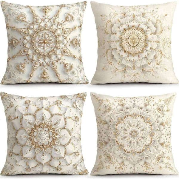 4Pcs Cream White Gold Mandala Throw Pillow Covers Set Elegant Luxe Cushion Cases for Living Room Sofa Bedroom Home Decor 26L0526 Pillow Case