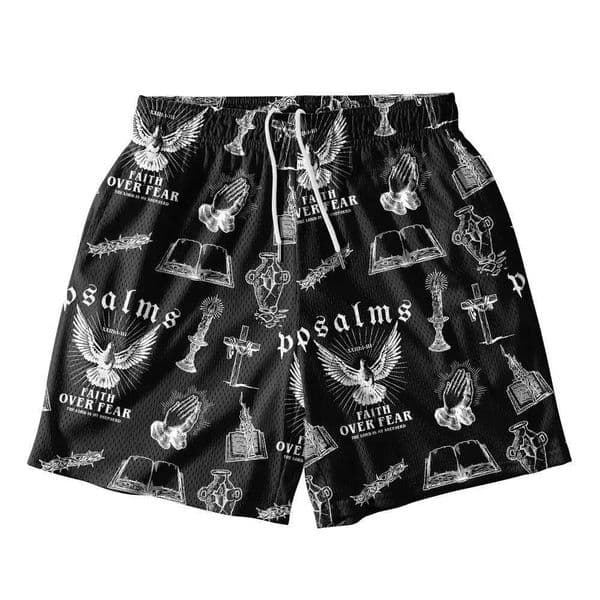Faith Over Fear Black Christian Mesh Shorts Dark Strt / Retro Gothic Style Mens Casual Shorts Summer Breathable Quick-drying D260529