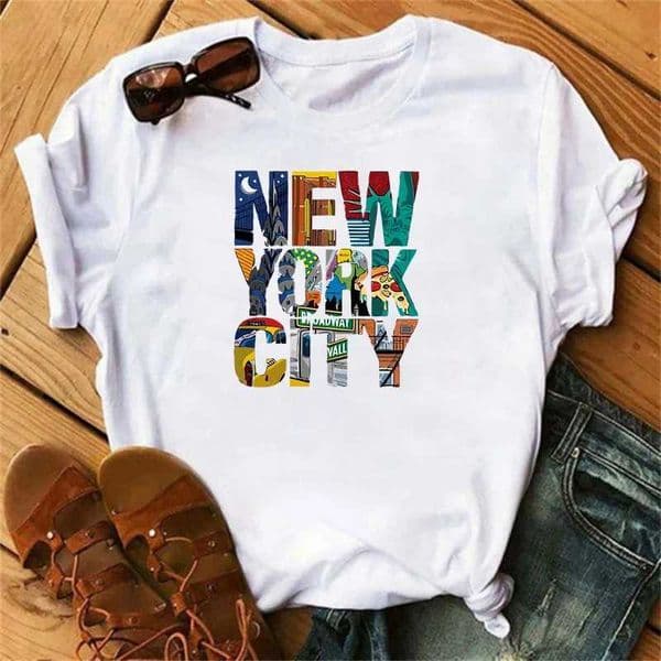 Summer womens 100 pure cotton casual loose fit size New York City print comfortable round neck short slve T-shirt top D260528
