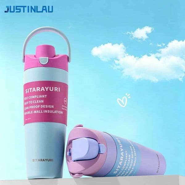 JUSTINLAU Stainless Steel Insulated Bottle 900ML Double Drink Straw Thermos Cup Leak-proof Outdoor Sports Car Cups Hot Cold W260529