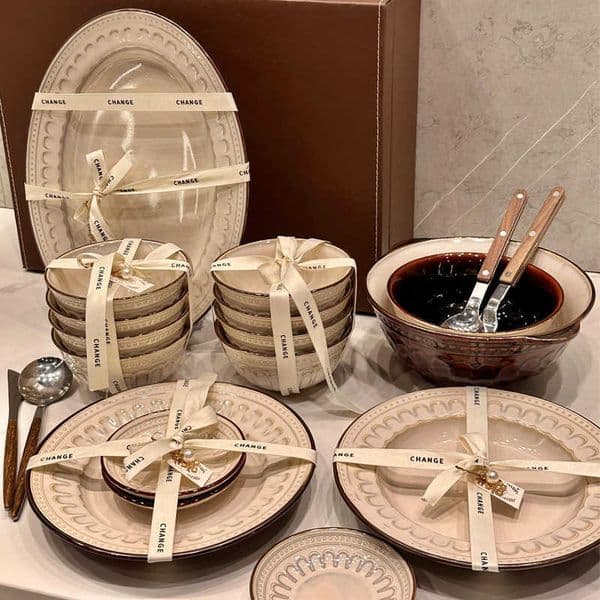European-style ceramic tableware set high-end bowls plates rice bowls dishes embossed bowls and plates tableware setL260529