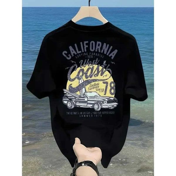 Vintage Cfornia West Coast Surfing Graphic T with Retro Car and Sun Print 100 Cotton Mens T-shirt Summer Casual Beachwear D260529