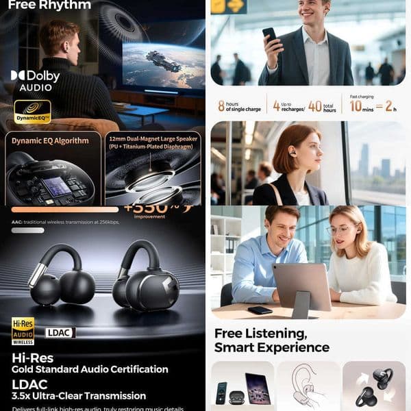 SoundPEATS Clip1 Open Ear Wireless Earphones Bluetooth 54 Dolby Audio Clip on ear buds Ultra Comfort Sports Headphones with Hi-Res LDAC IPX5Fast Charging X260529