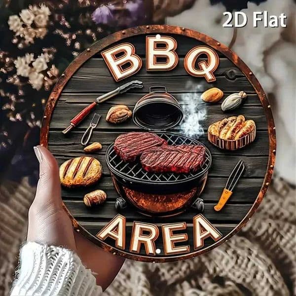 2D Flat Vintage BBQ Area Metal Sign - 78 Round Aluminum Wall Art with Grilled Steaks and Tools Design Perfect for Bar Cafe C260529