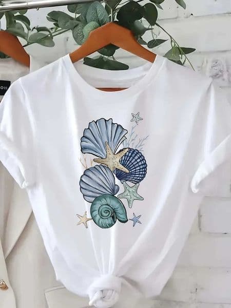Womens Casual Short Slve with Seashell Starfish Graphic Pntri Harajuku Short Slve Casual Womens T-shirt Summer Clothing D260528