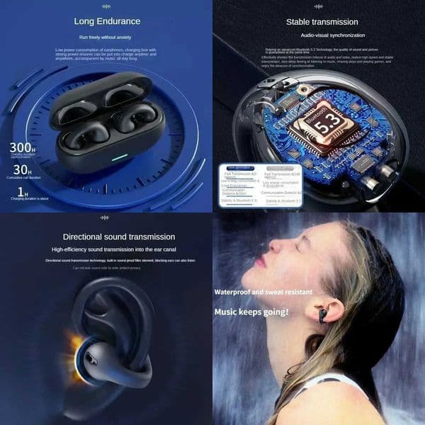 TWS Bluetooth Headset 53 Wireless Air Conduction Headphones Clip Ear Music Noise Canceling HD Call Sports Gaming Earphone X260529