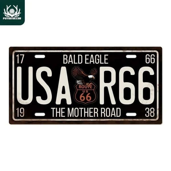 USA Route 66 The Mother Road Bald Eagle Vintage Retro American Highway Theme 2D Flat Printed License Plate Aluminum Metal Painti C260529