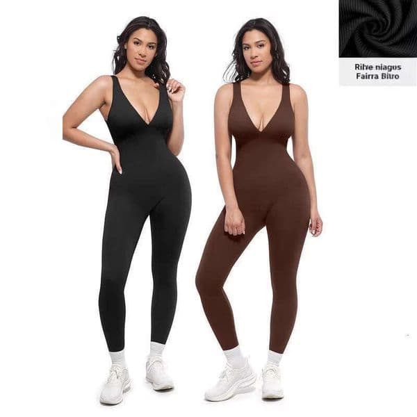 Cross-border high-elasticity fitness sleeveless V-neck slim-fit sports yoga jumpsuit with beautiful back and long pants for women