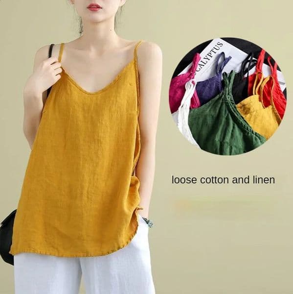 Womens Summer Top Cotton Linen Spaghetti Strap Women Halter V Neck Basic Yellow Sleeveless Tank Tops Loose Casual Camis 260529