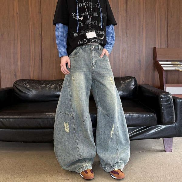 High street pear-shaped wide-leg jeans for men and women, high-waisted ripped loose-fitting curved pants