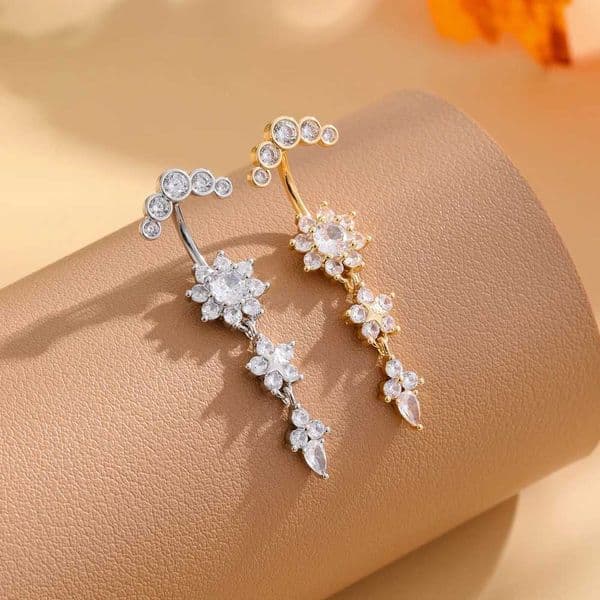 Gold Color Stainless Steel Belly Button Ring Long Dangled Flower CZ Crystal Navel Belly Piercing Rings for Women Sexy Jewelry Q260529 Z260612