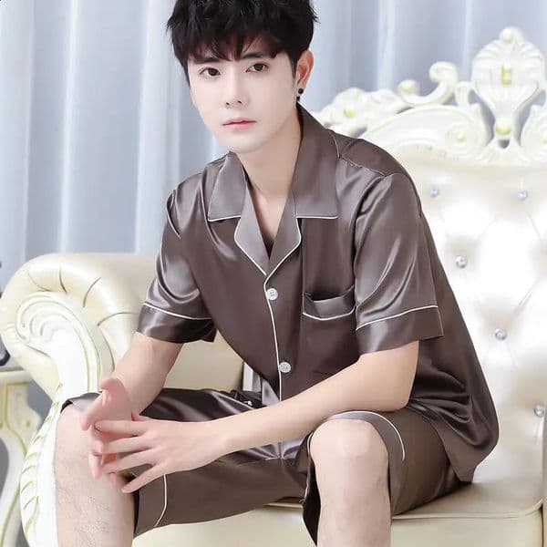 Summer Mens Ice Silk Pajamas Homewear Suit Mens Thin Short-Sleeved Shorts Loose Large Size Youth Fashion Leisure Suit 260527