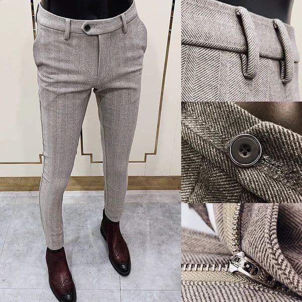 Autumn Winter Striped Woolen Cloth Suit Pants Men Casual Slim Straight Warm Trousers Formal Business Social Office Dress Pants 260527