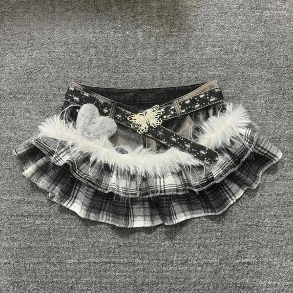 Skirts Girl Aesthetic Darkly Short Skirt Gothic Grey Patchwork Plaid Cowboy Women Design High Street Vintage A-line Outfits
