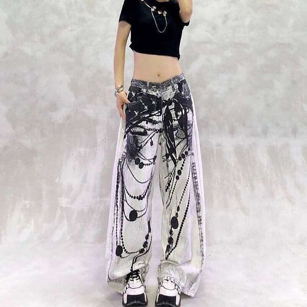 Summer Women's Inkjet Digital Printed High Waist Wide Jeans Stylish Slimming Straight Leg Denim Pants