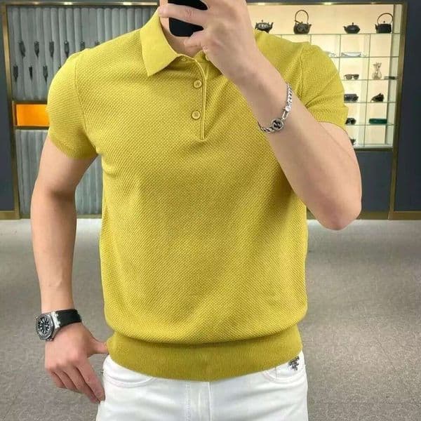 Light luxury solid color ice silk POLO men's summer pineapple collar knitted short-sleeve trendy casual versatile top