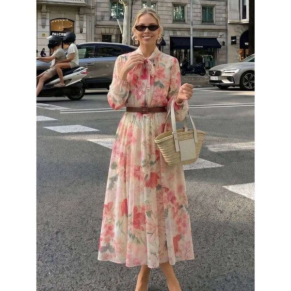 HH Elegant Womens Floral Print Bow Neck Long Sleeve Waist Belt Casual Weekend Party Summer Beach Vacation Dress