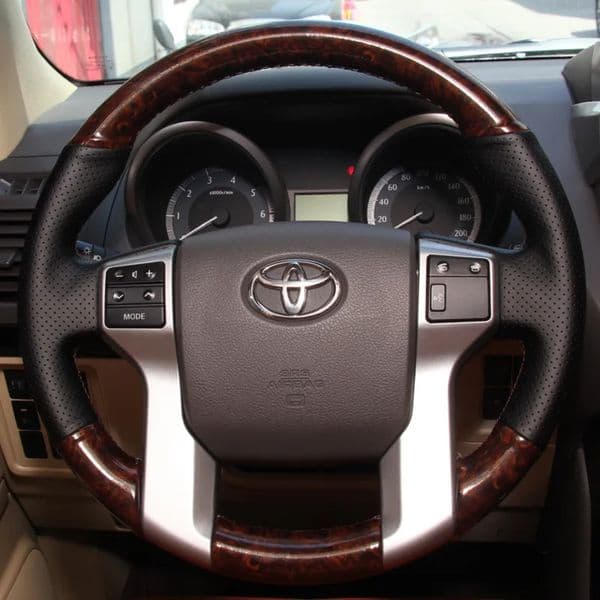 Toyota Land Cruiser Prado Hand Stitched Non Slip Black Genuine Leather Peach cologne Wood Grain Car Steering Wheel Cover Free Shipping 1011