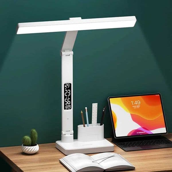 LED Clock Table Lamp USB Chargeable Dimmable Desk Lamp 2 Heads 180 Rotate Foldable Eye Protection Reading Night Light M260529