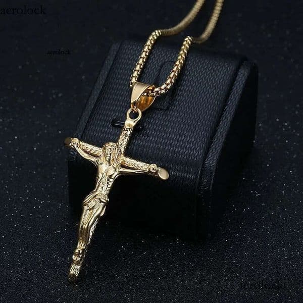 Vintage Stainless Steel Jesus Cross Pendant Necklace Vacuum Plating Religious Jewelry 7d