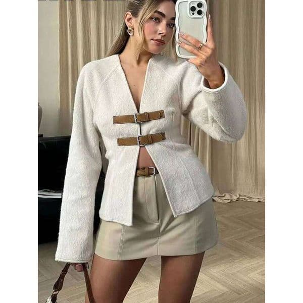 HH Women Double Leather Button Jacket Long Sleeve V-neck Slim Coat Top Fashion 2024 Woman Elegant Office Lady Outwear