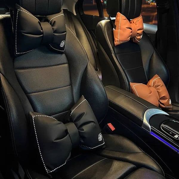 Camellia Universal Fit Faux Leather Car Headrest Neck Pillow and Lumbar Support Cushion Set for Women, Automotive Seat Back ddmynov