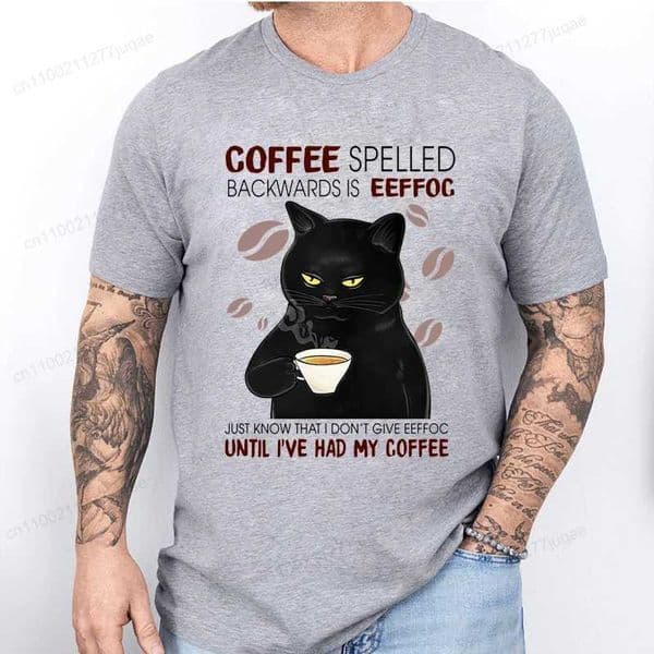 Coff Spelled Backwards Black Cat T-shirt Funny Cute Graphic Ts Summer Unisex T Shirt Oversized Mens Clothes Oversize T-Shirt D260529