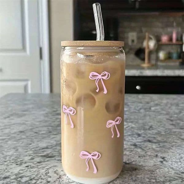 500ml Pink Bow Cute Cups with Lids and Straw Tumbler Glass for Iced Milk Coffee Smoothie Cocktail Matcha Juice Cup W260529