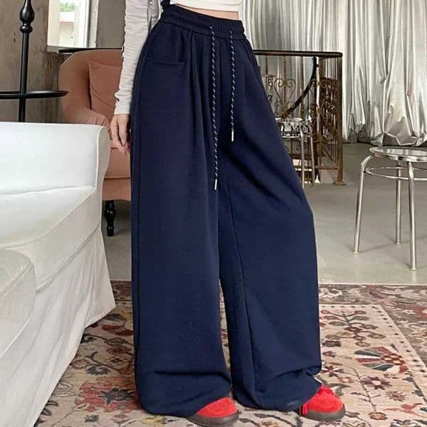 2025 New Female Solid High Waist Pants Chic Streetwear Girls Wide Leg Trousers Lady Drawstring Baggy Casual Pants M260529