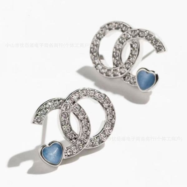 cc earrings channels jewelry Authentic double C letter full diamond blue and pink diamond stud earrings for women luxury and earrings channeled