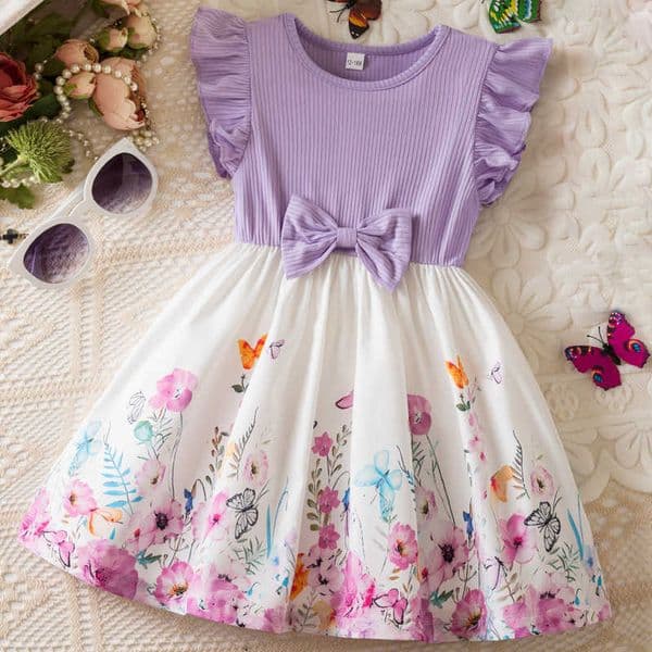 New Korean-style girls dress with flutter sleeves and butterfly print princess dress with bow for girls L260529KAVN