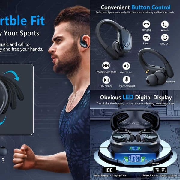 Wireless Headphones Bluetooth 53 Earphones 75Hrs Playtime with Mic LED Display Button Control Earhook Sport Waterproof Headsets X260529